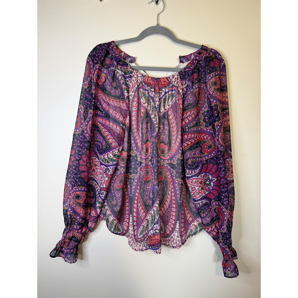 LOFT Womens Medium Purple Red Paisley Long Sleeve Ruffle Cuff Blouse Top Y2K